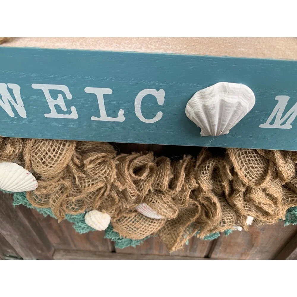 Beachy Coastal WELCOME Wreath Ruffle Aqua/Natural Bulap & Seashells Handmade New